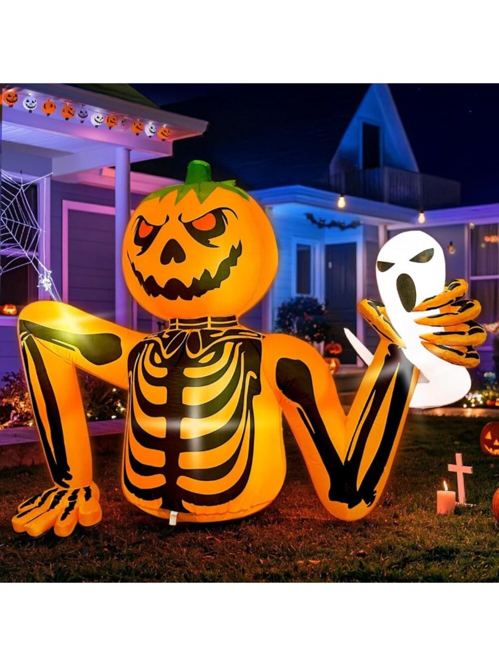 5FT Inflatable Halloween Pumpkin Skeleton with LED Lights for Yard Decor